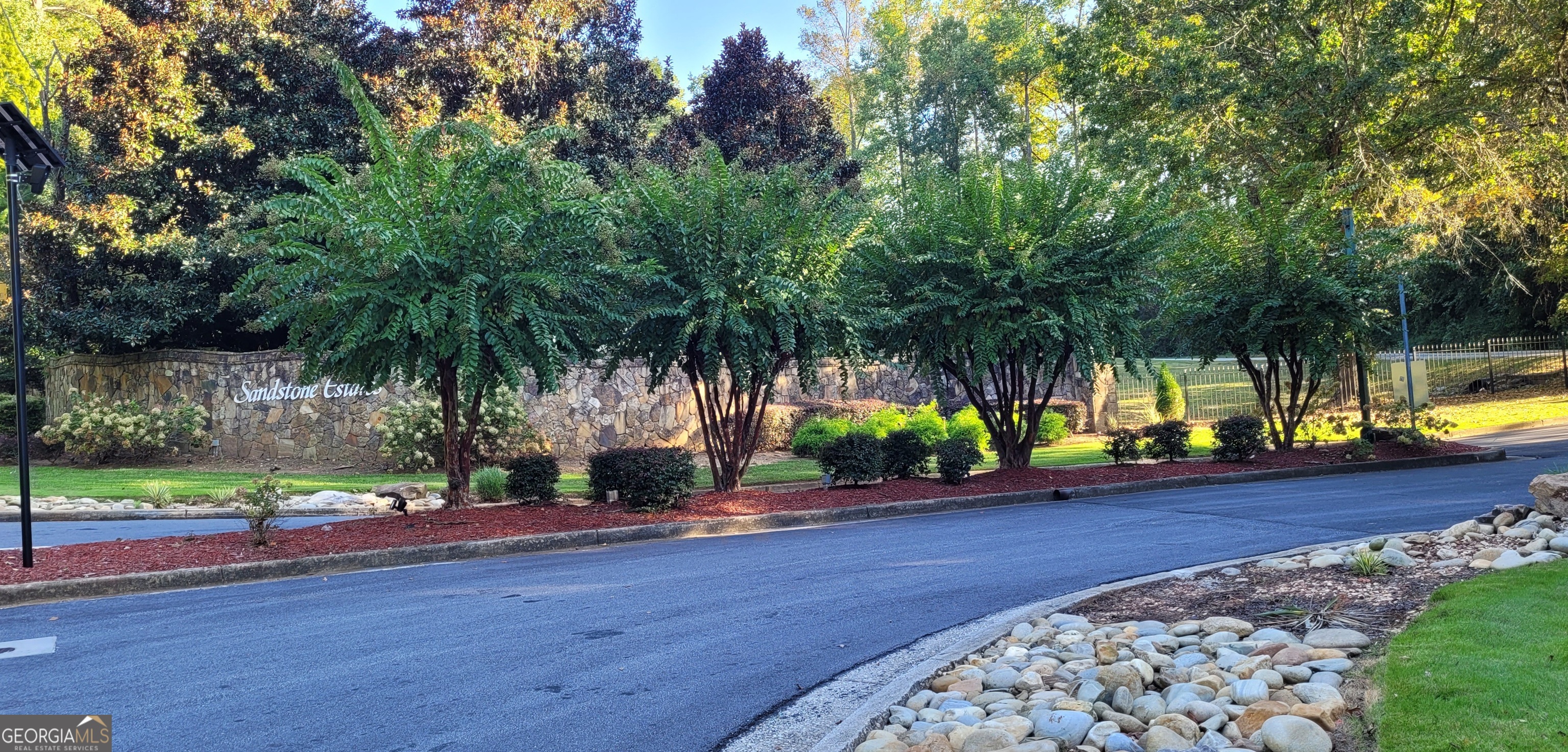 a view of a yard with potted plants