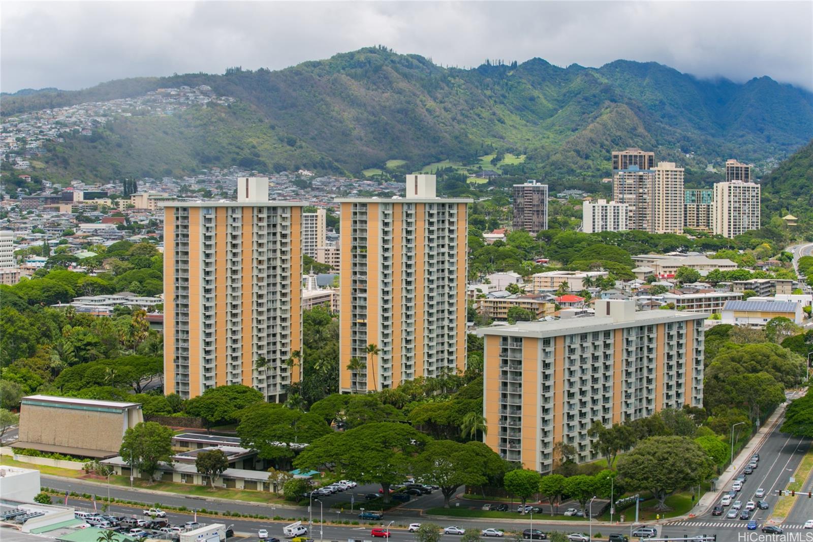 a view of a city with tall buildings