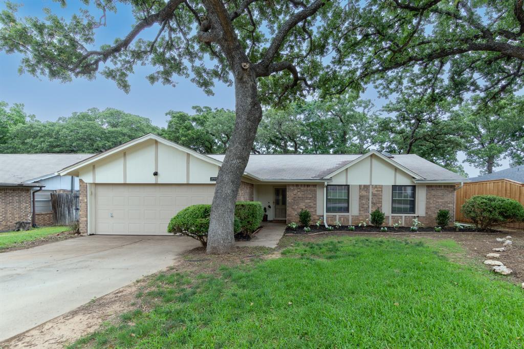 a view of a house with a yard and a large tree