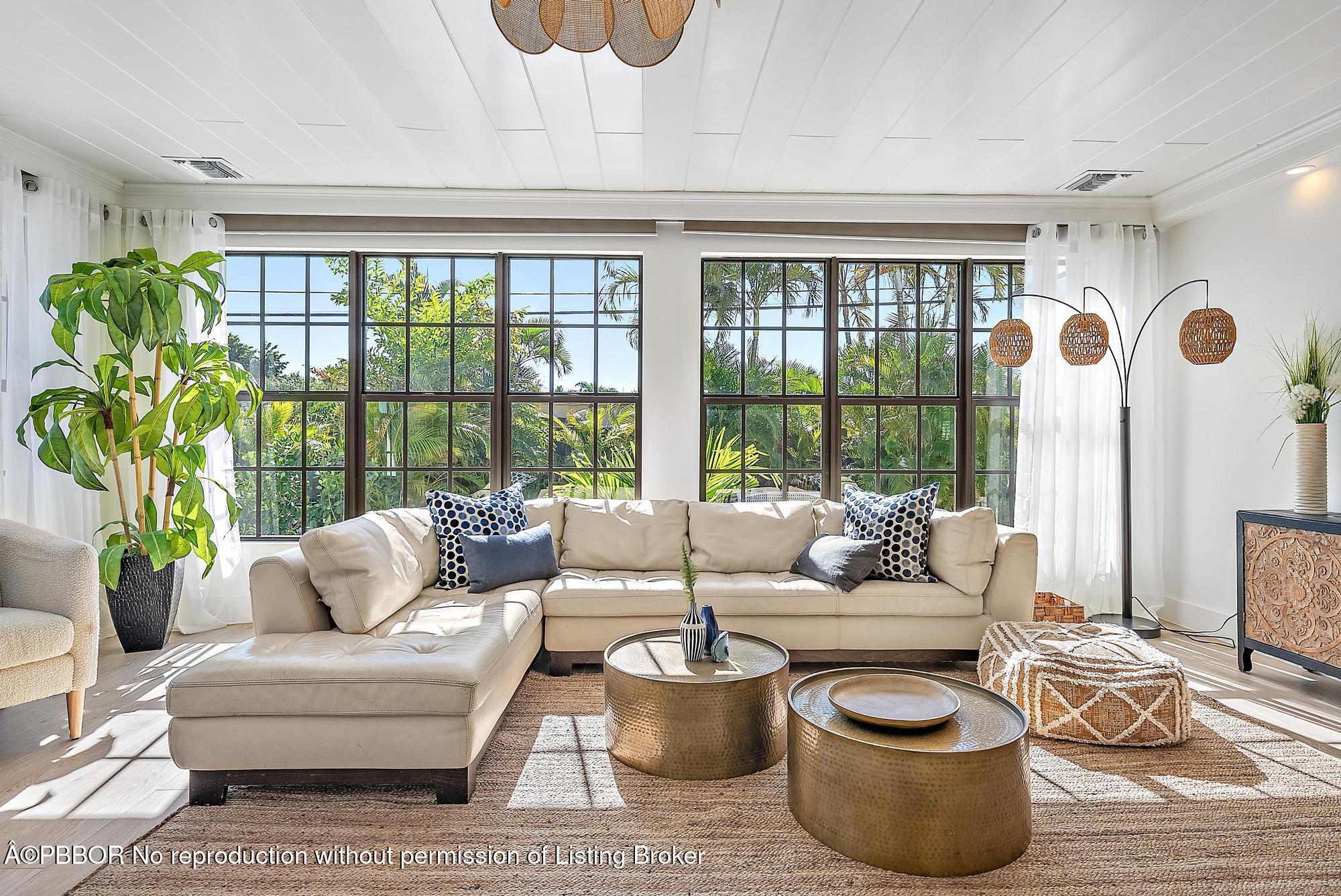 a living room with furniture and a floor to ceiling window