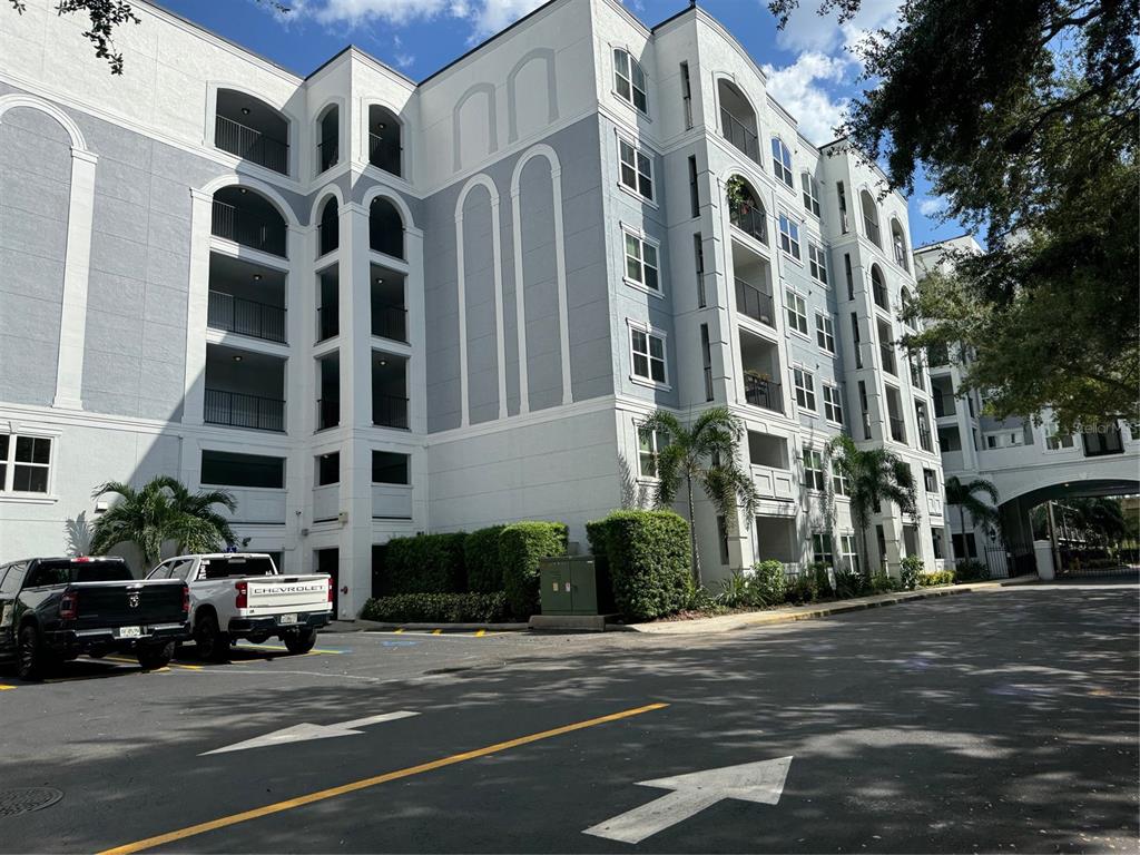 a view of a building and a street