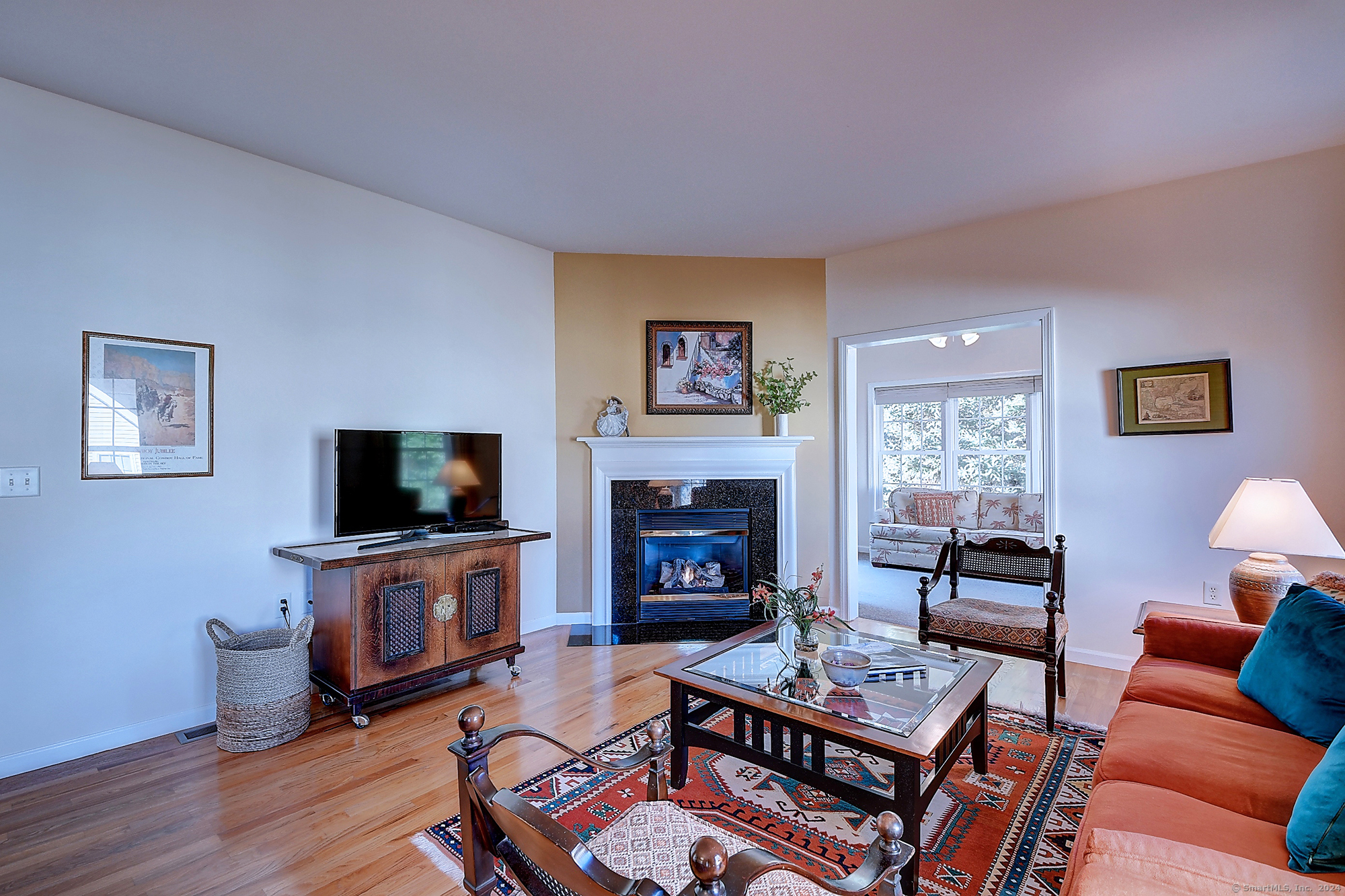 a living room with furniture a flat screen tv and a fireplace