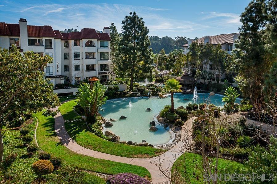 a view of a swimming pool with a yard and plants