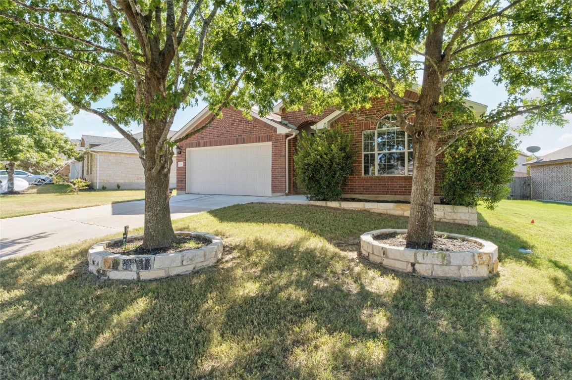 a front view of a house with a yard fountain and large tree