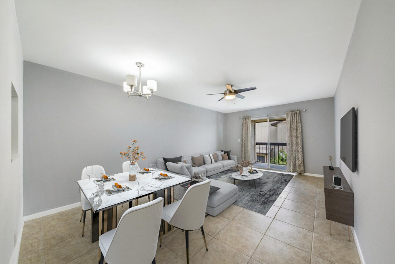 a view of a dining room with furniture