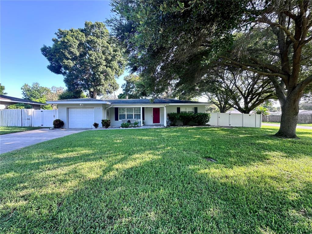 a front view of house with yard and green space