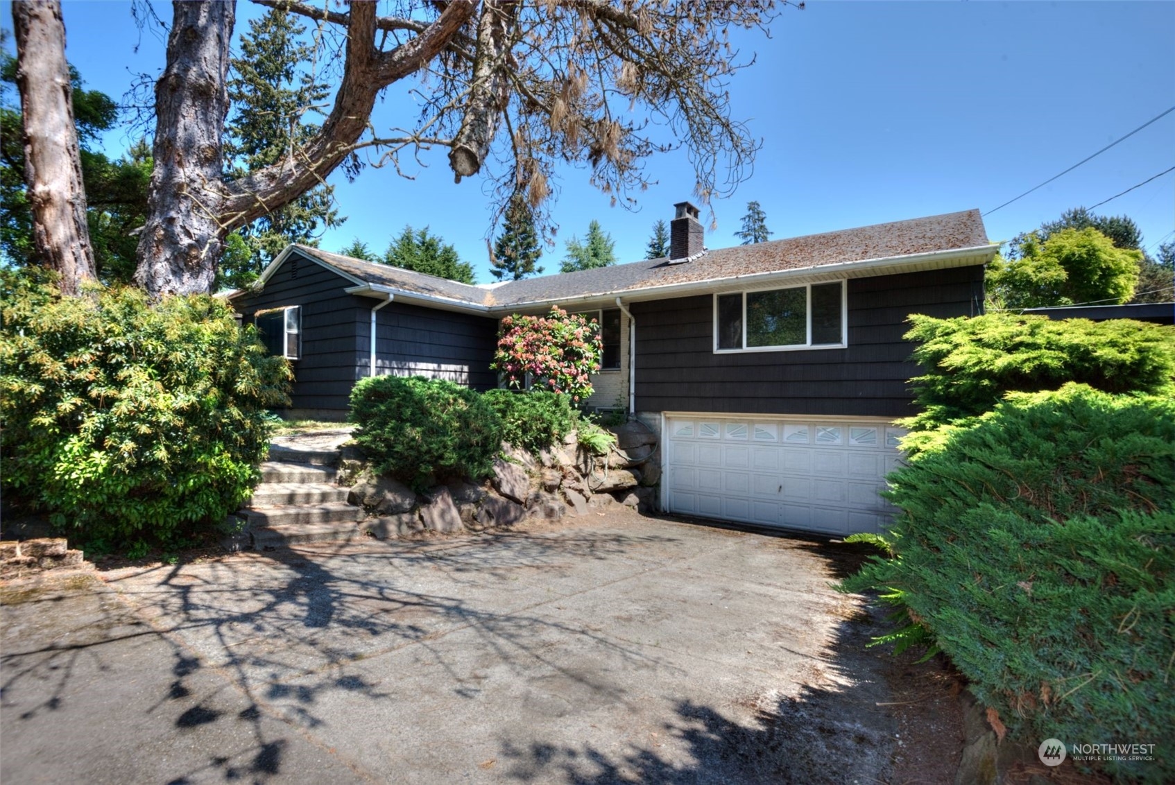 a view of a house with a yard and potted plants