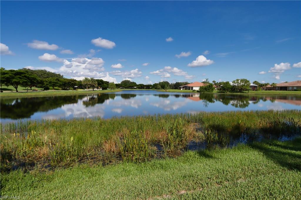 a view of a lake with houses in the back