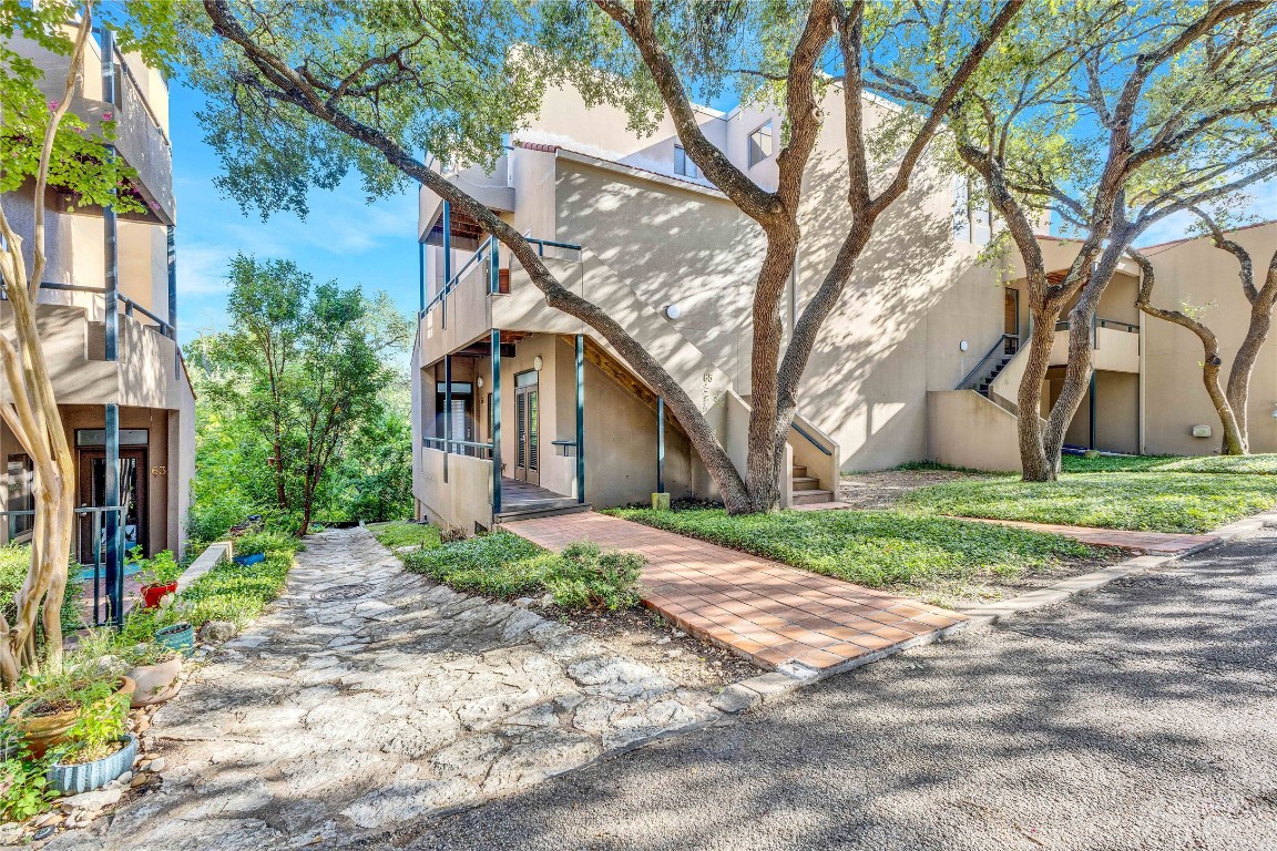 a backyard of a house with large trees and plants