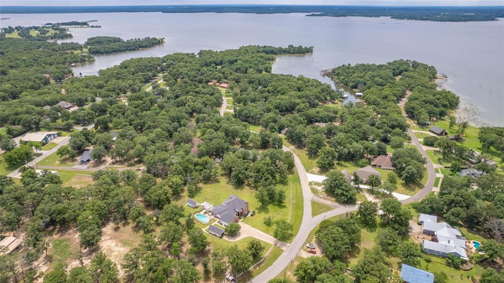 an aerial view of residential houses with outdoor space and trees