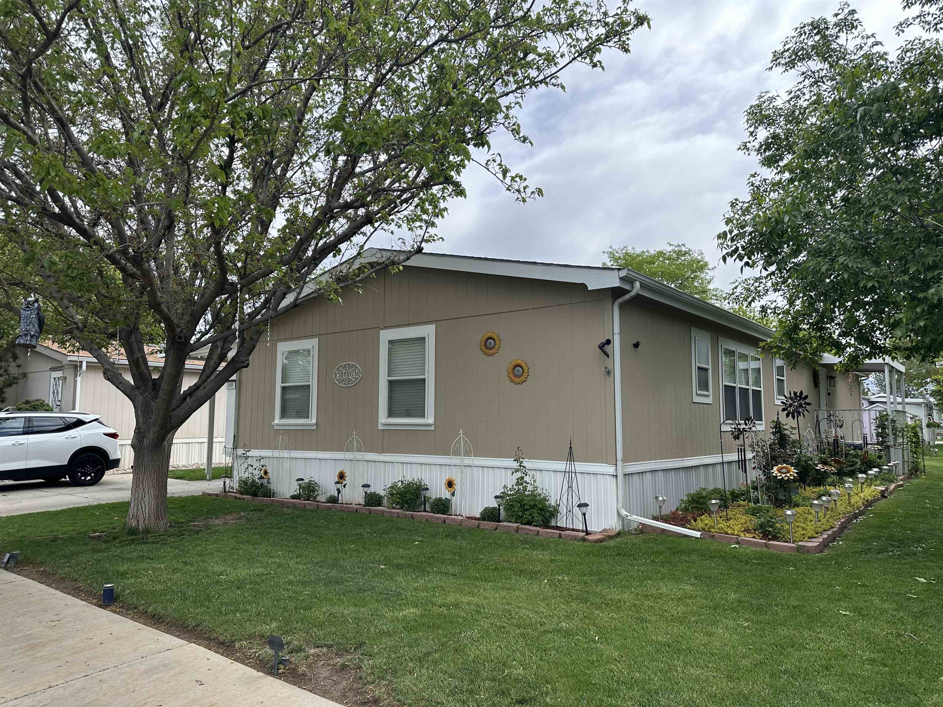 a front view of house with yard and green space