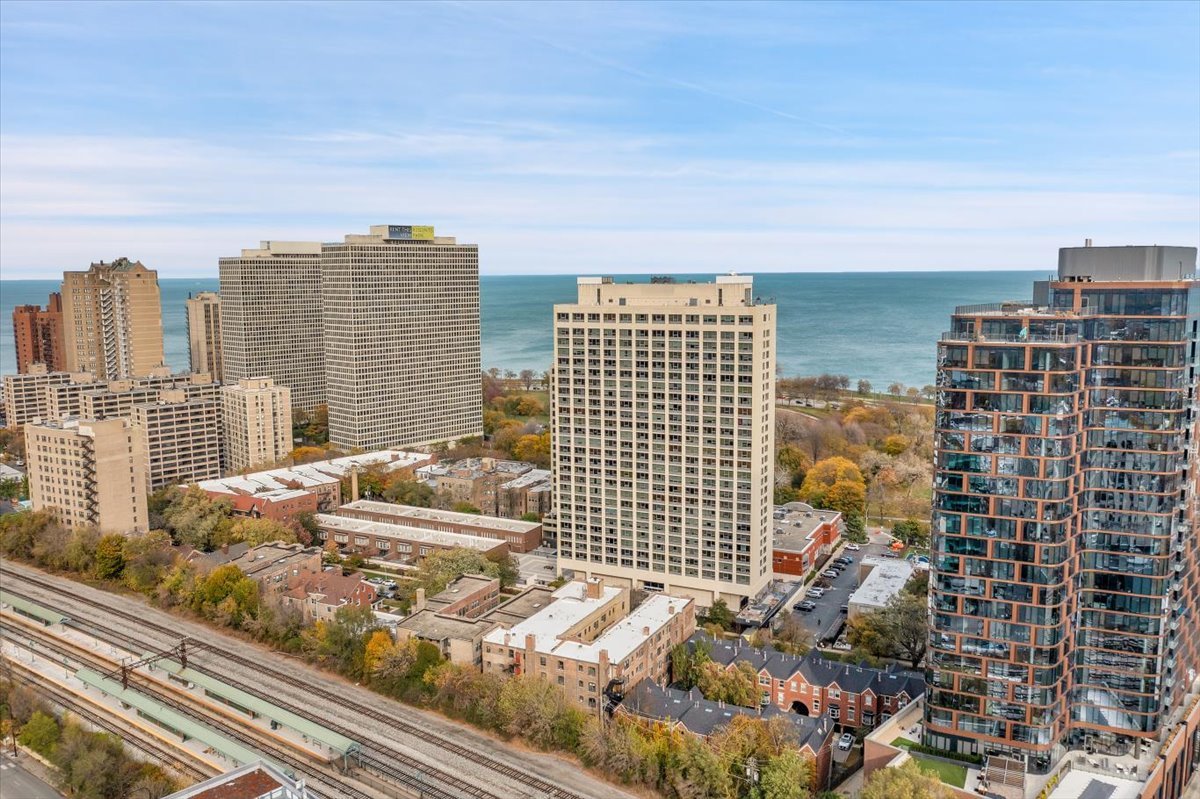 a view of a city with tall buildings