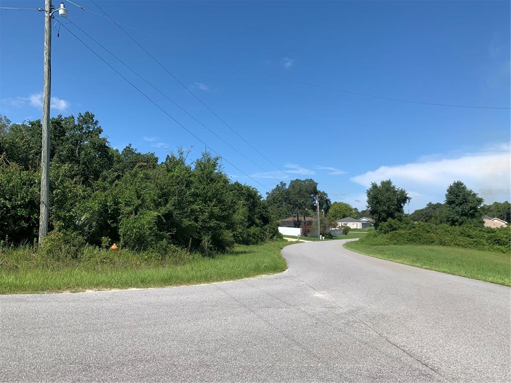 a view of a road with a big yard