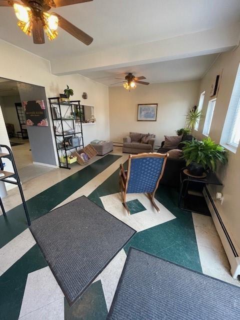 a living room with furniture and a potted plant