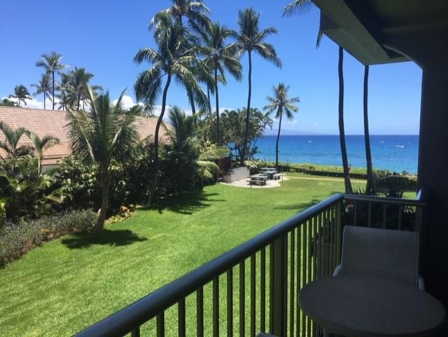 a view of a garden from a porch