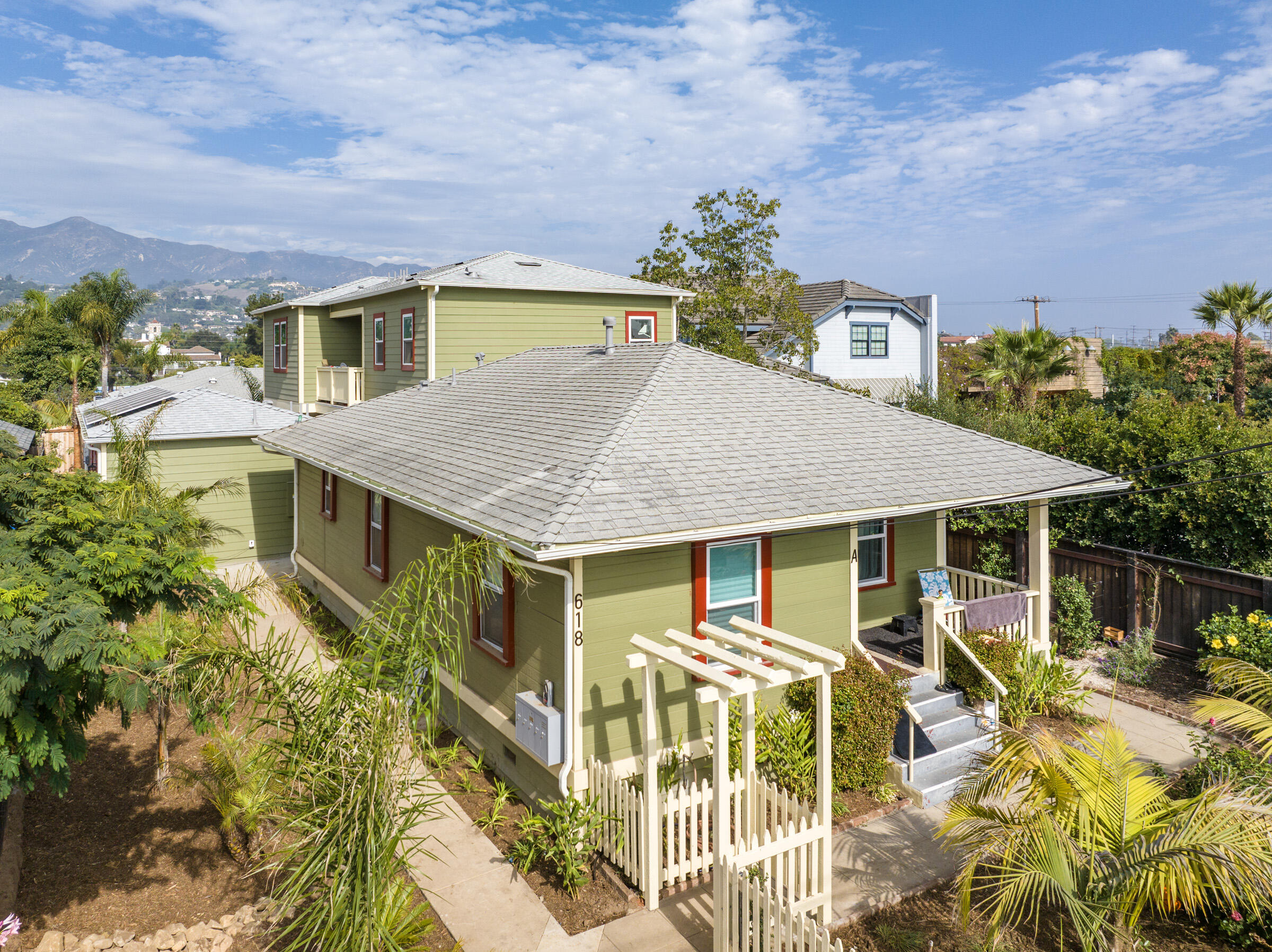 a aerial view of a house with a patio