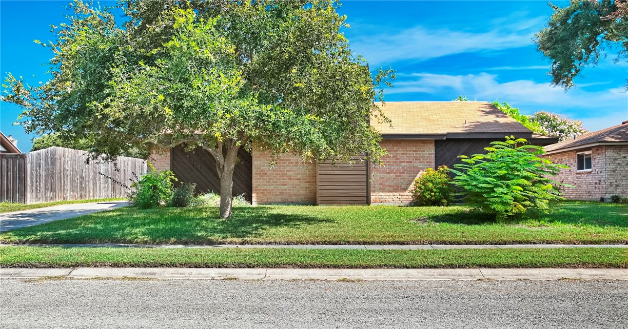 a small yard in front of a house with a large tree