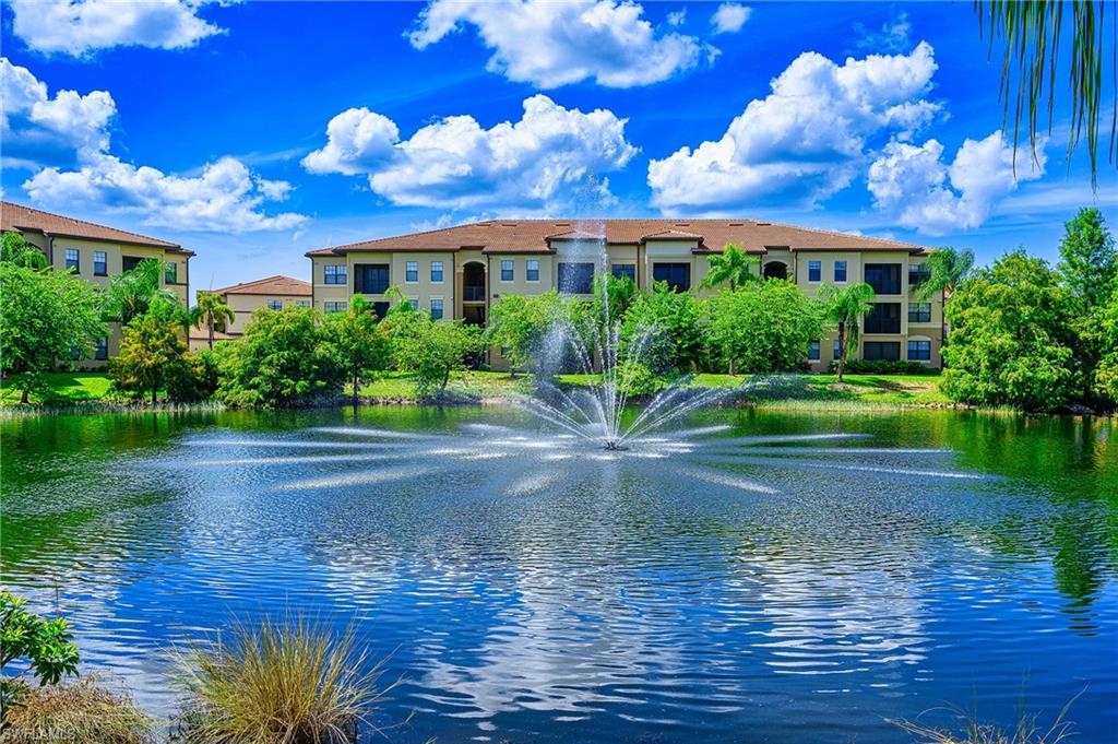 Lanai view of pond with water fountain