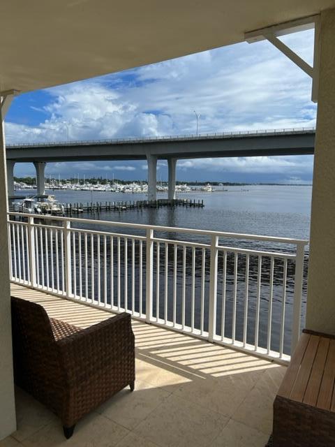 a balcony with a table