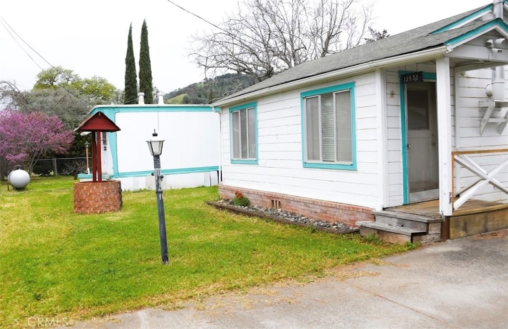 a view of a house with backyard and a tree