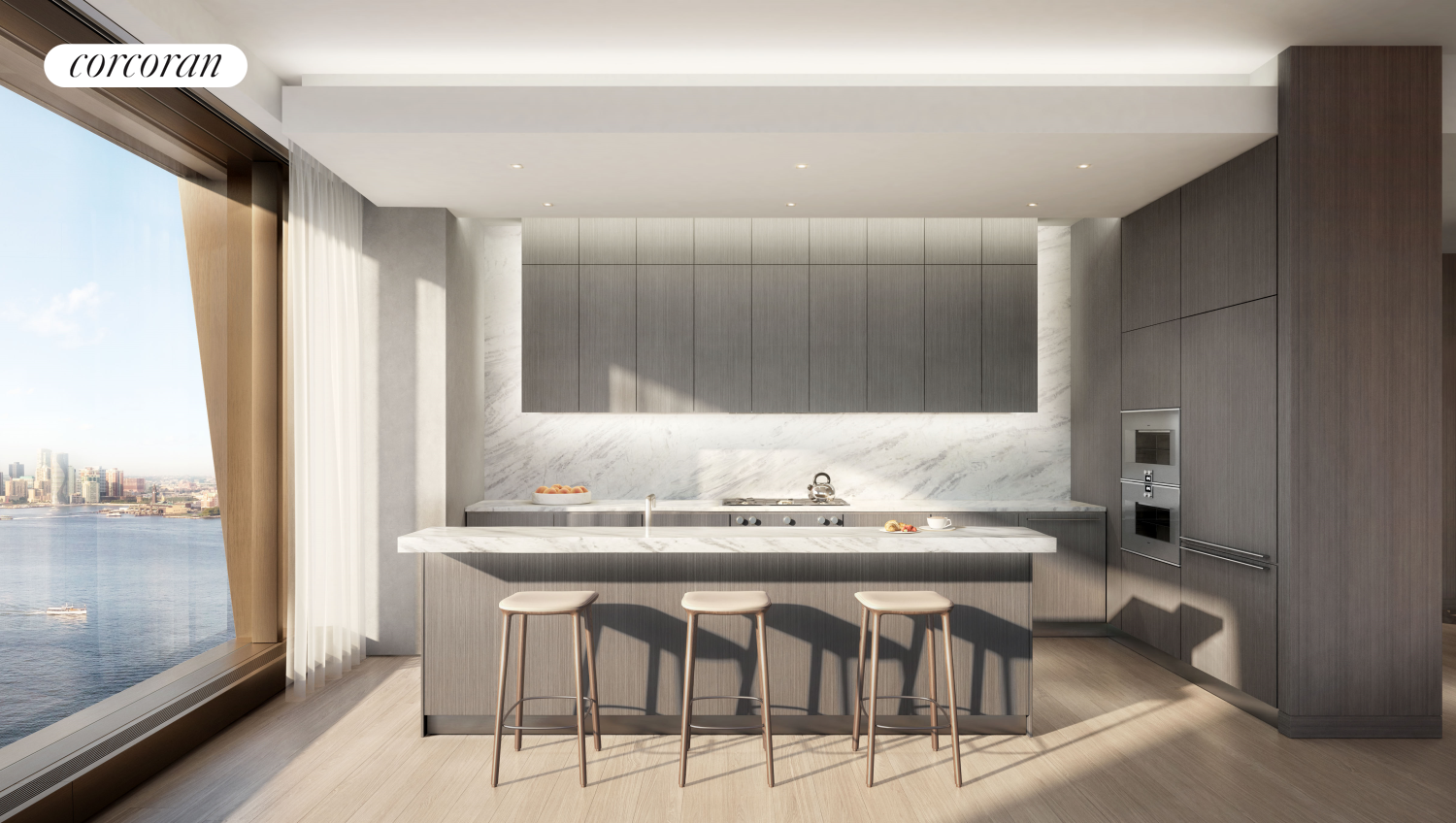 a dining table with a kitchen island