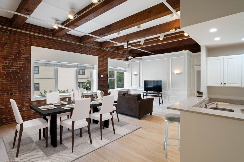 a view of a dining room with furniture