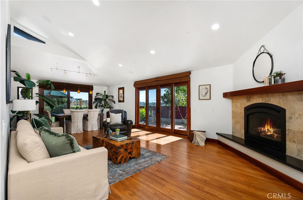 a living room with furniture a fireplace and a floor to ceiling window