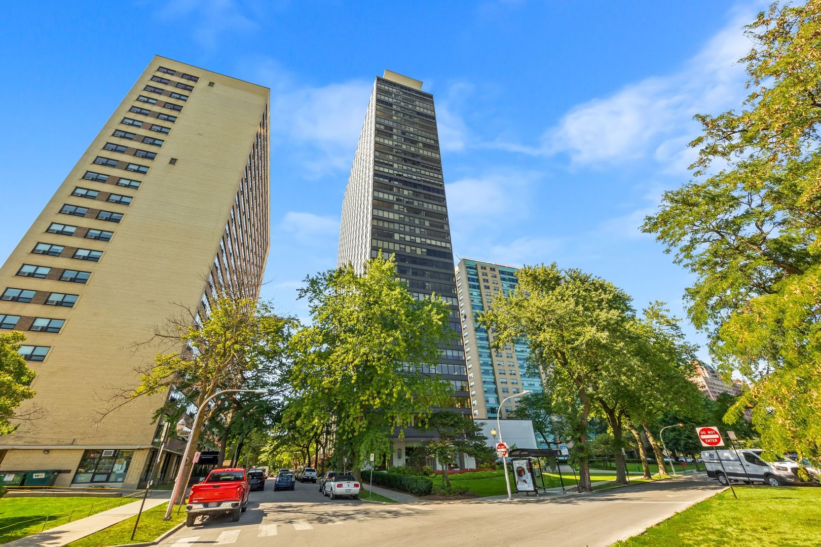 a view of a city with tall buildings