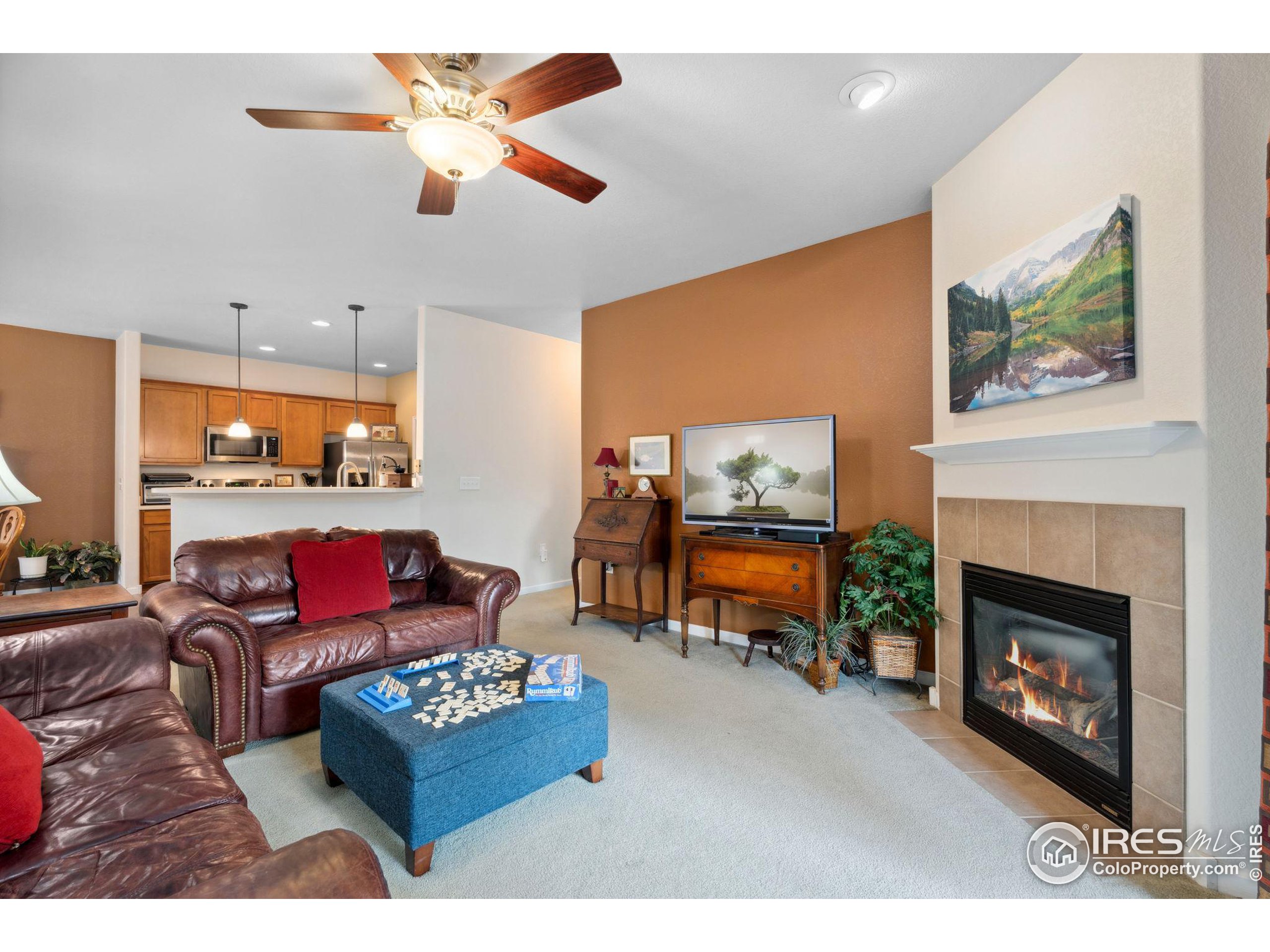 a living room with furniture a fireplace and a flat screen tv