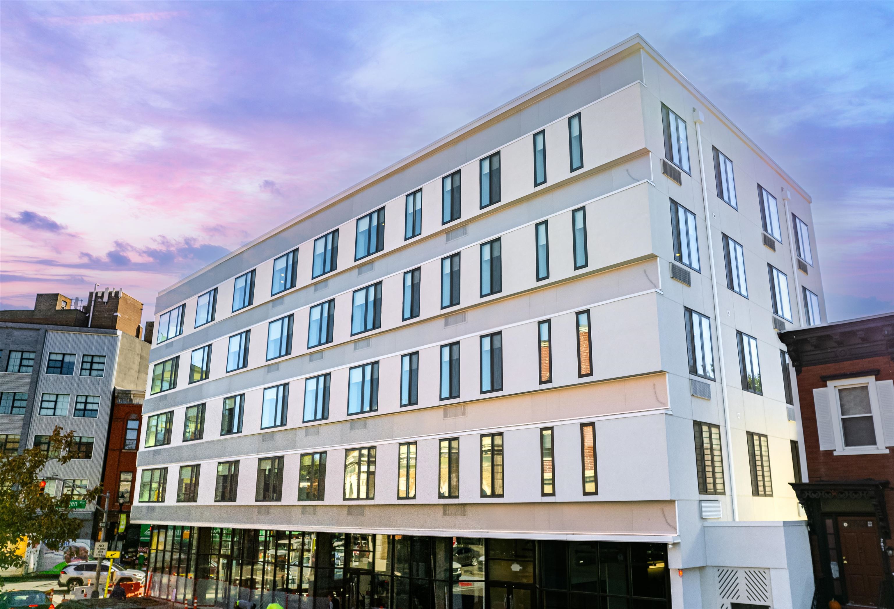 a front view of a building with balcony