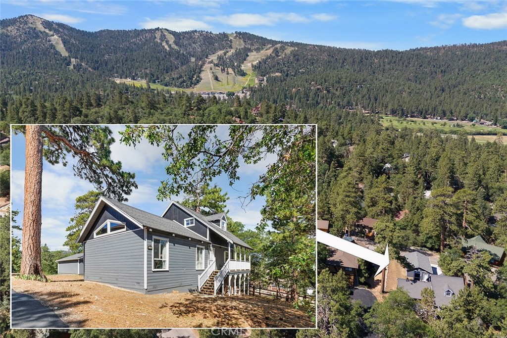 an aerial view of a house with a mountain