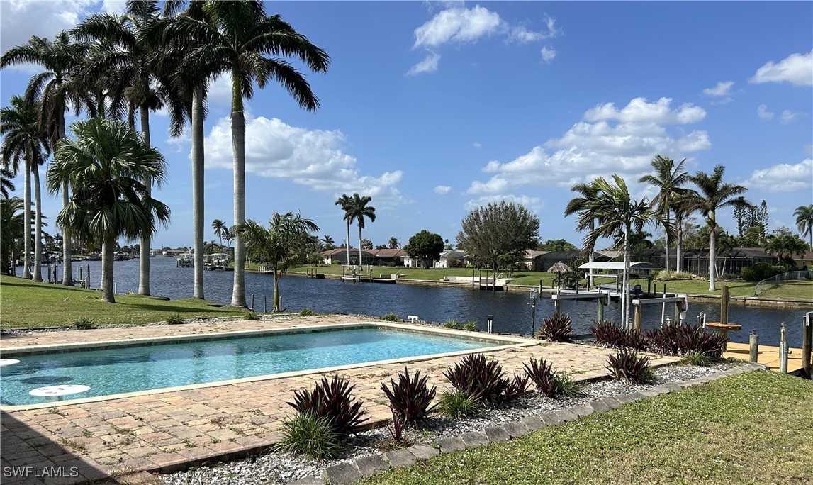 a view of a lake with palm trees