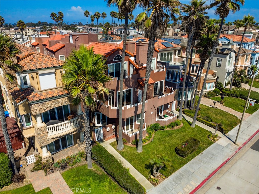 aerial view of a house with a yard