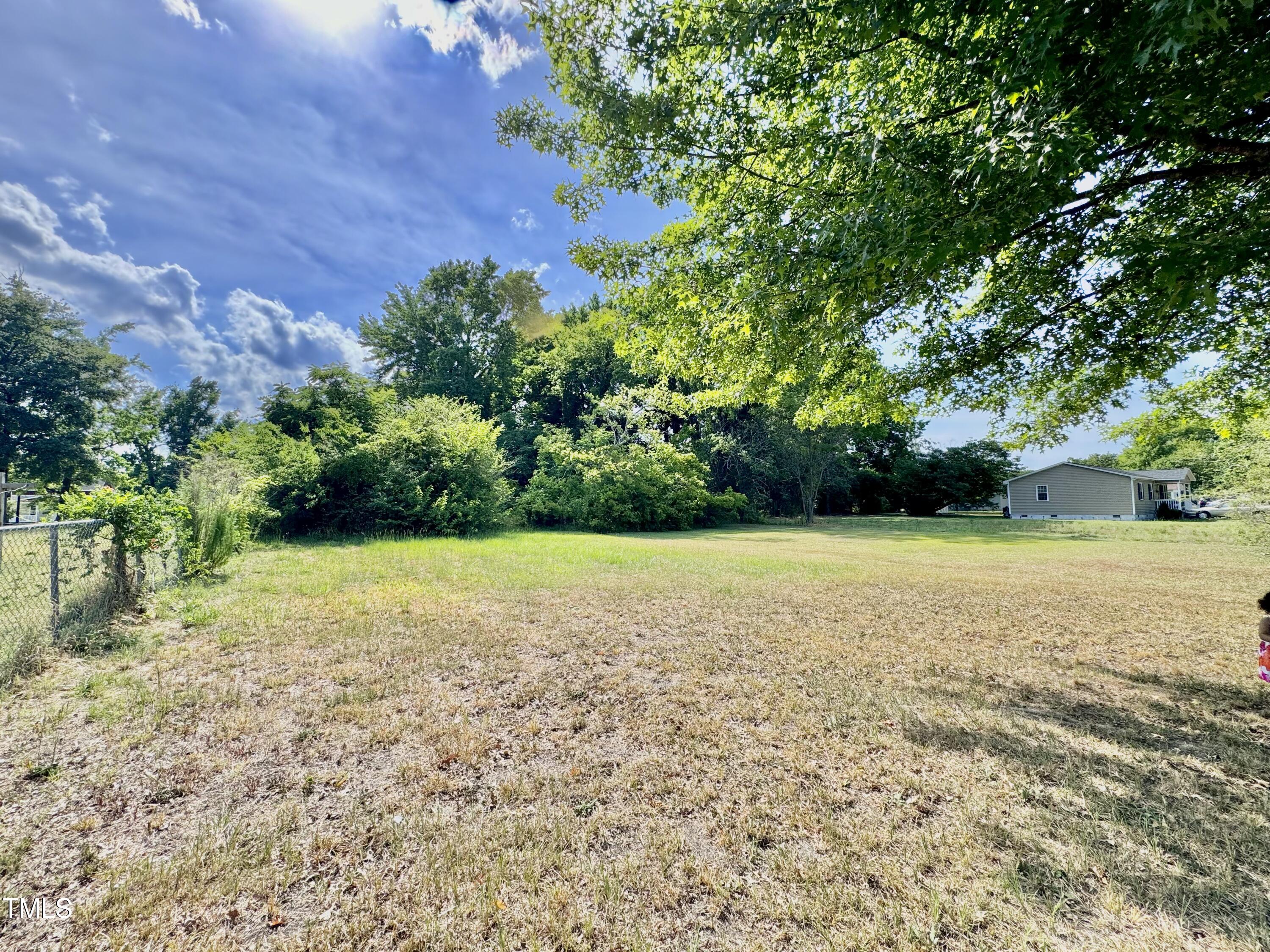 a view of a yard with plants and trees