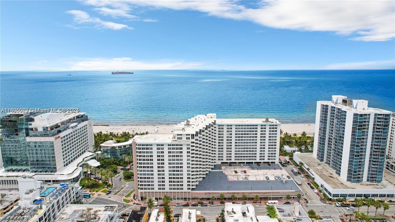 a view of a building with an ocean view