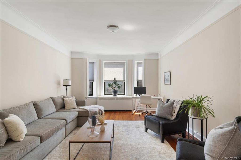 Living room featuring radiator heating unit, ornamental molding, and wood-type flooring