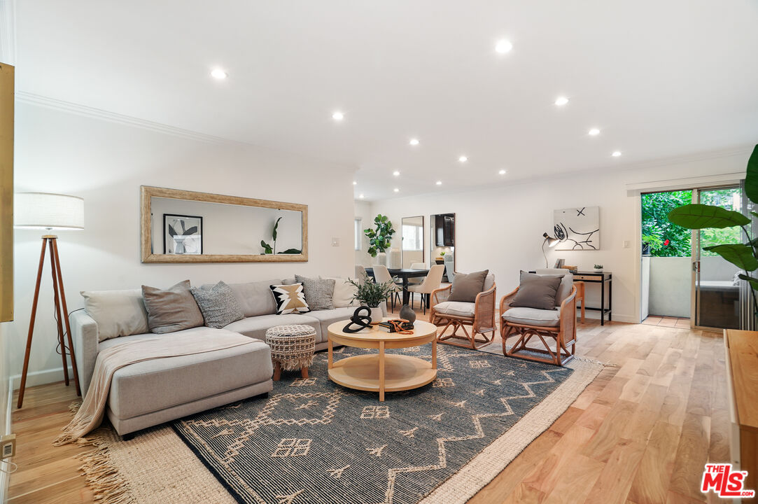 a living room with furniture a rug and a potted plant