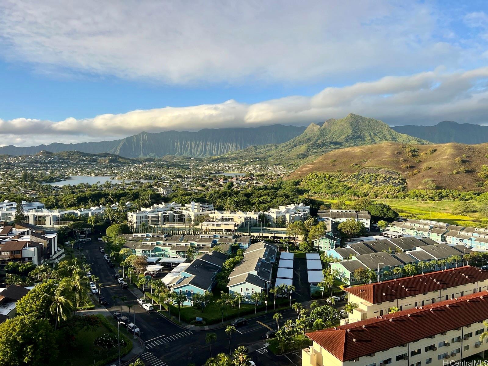 a view of a city with mountains in the background