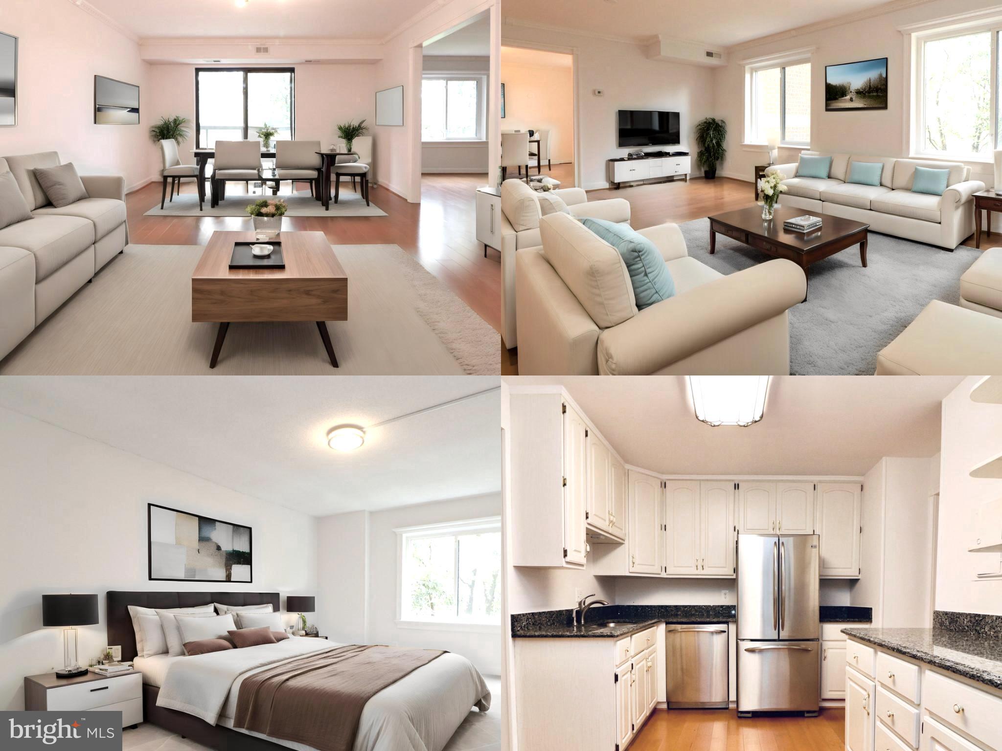 a living room with furniture and kitchen view