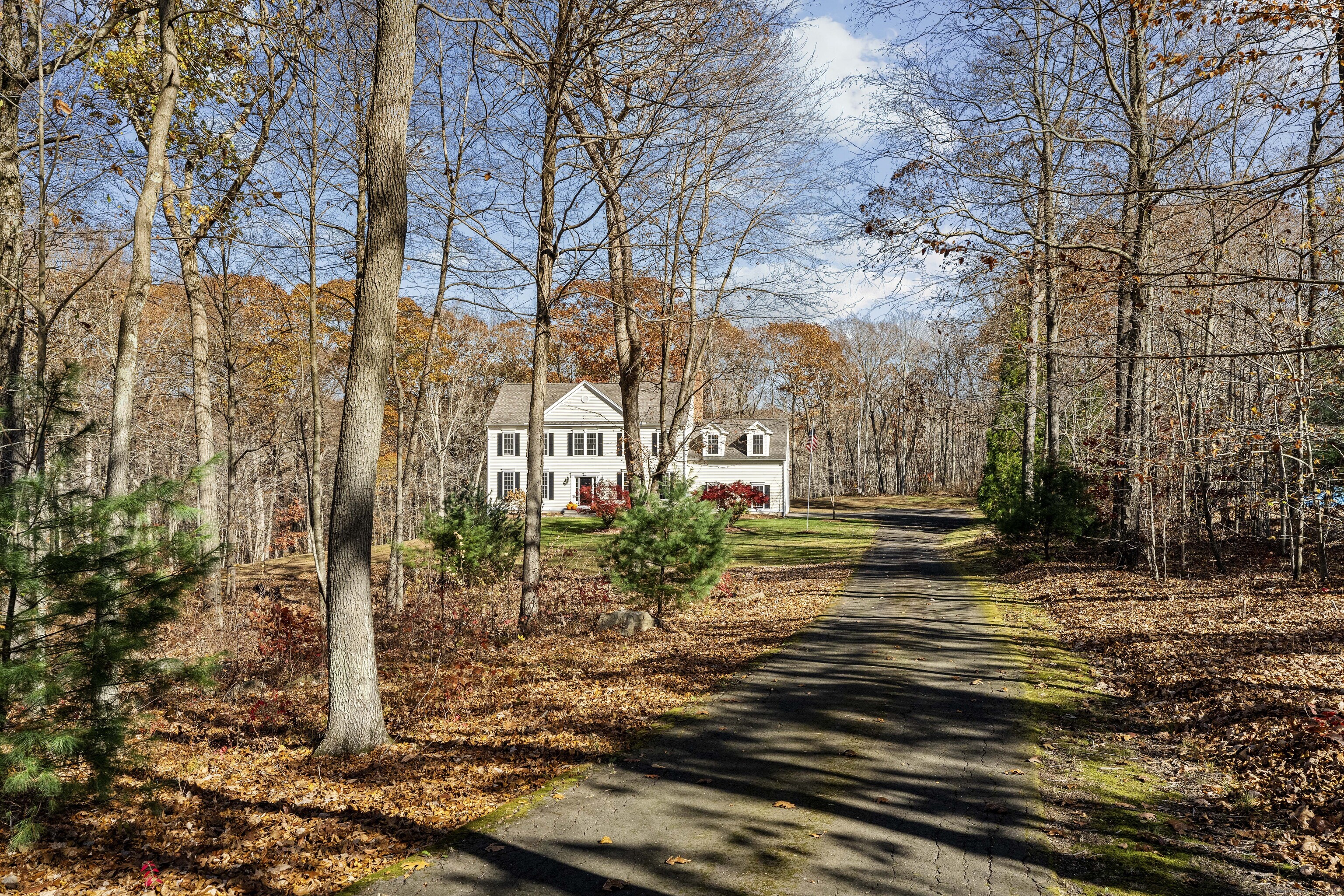 This stately colonial is set well off the road on a four acre lot.