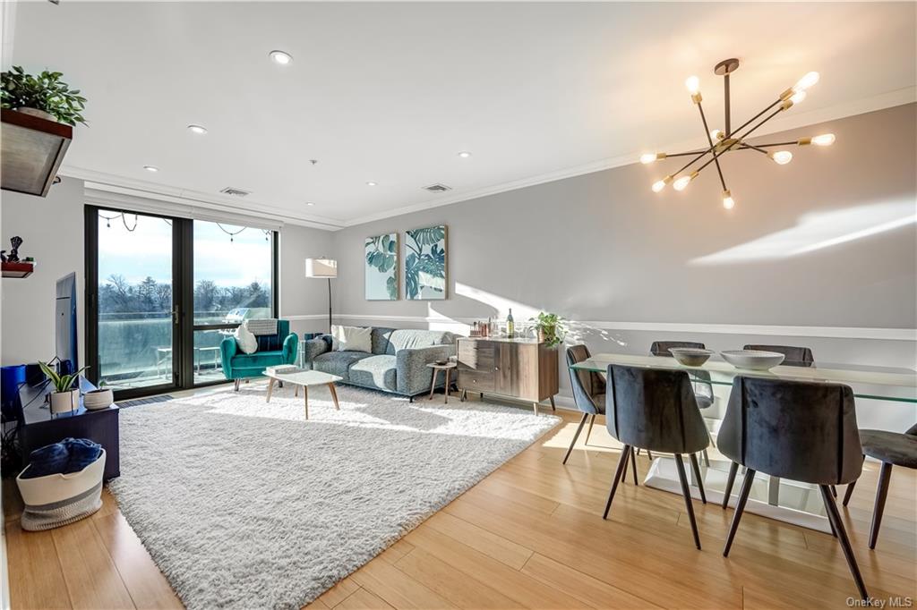 a living room with furniture a rug potted plant and a large window