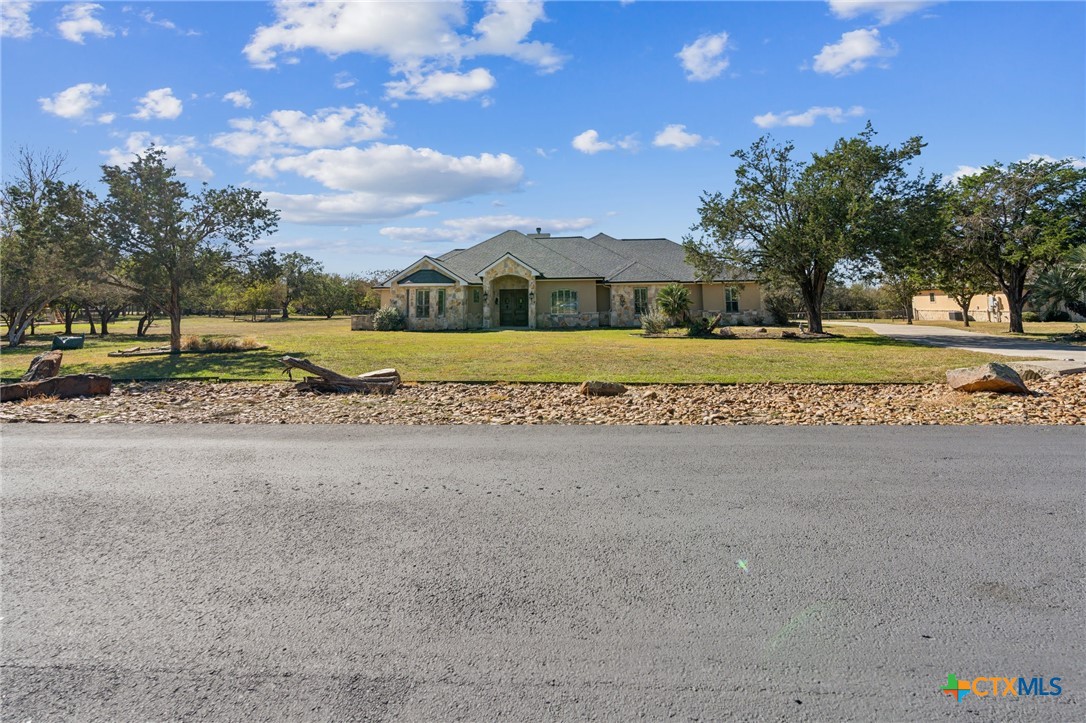 a view of a house with a yard and a large tree