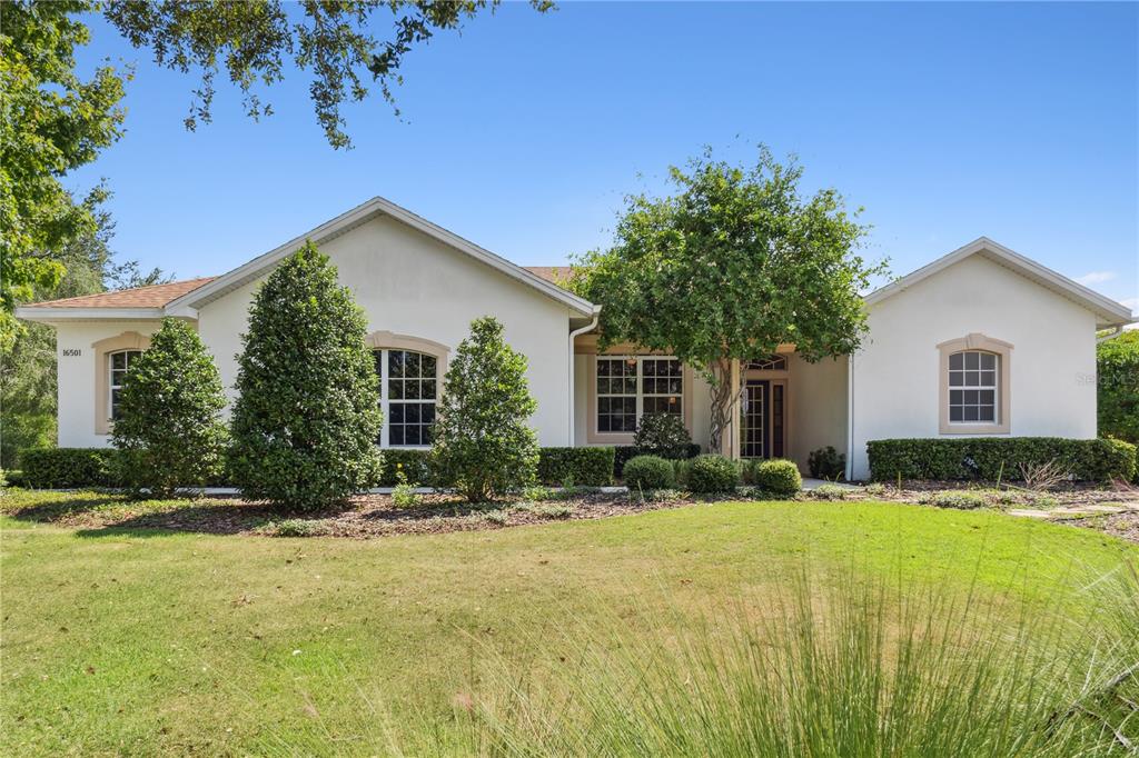 a front view of a house with a yard and trees