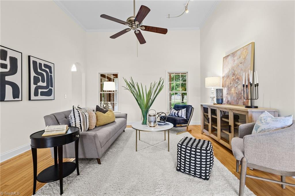 main living room with soaring ceilings.