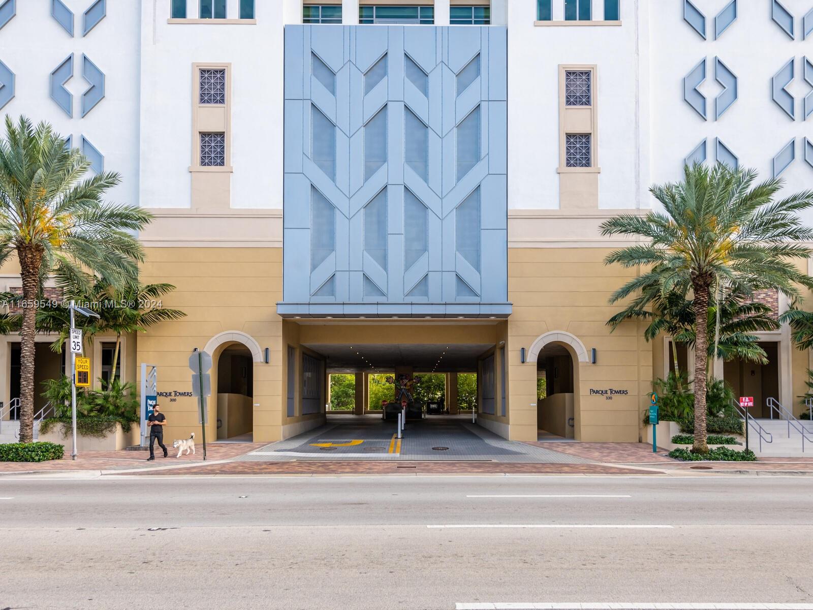 a view of a building with a street