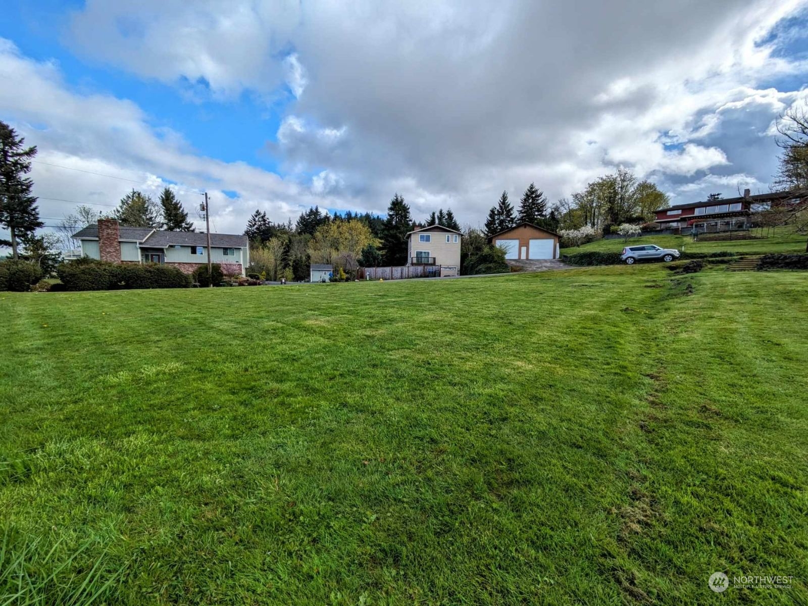 a front view of a house with a big yard and a large tree