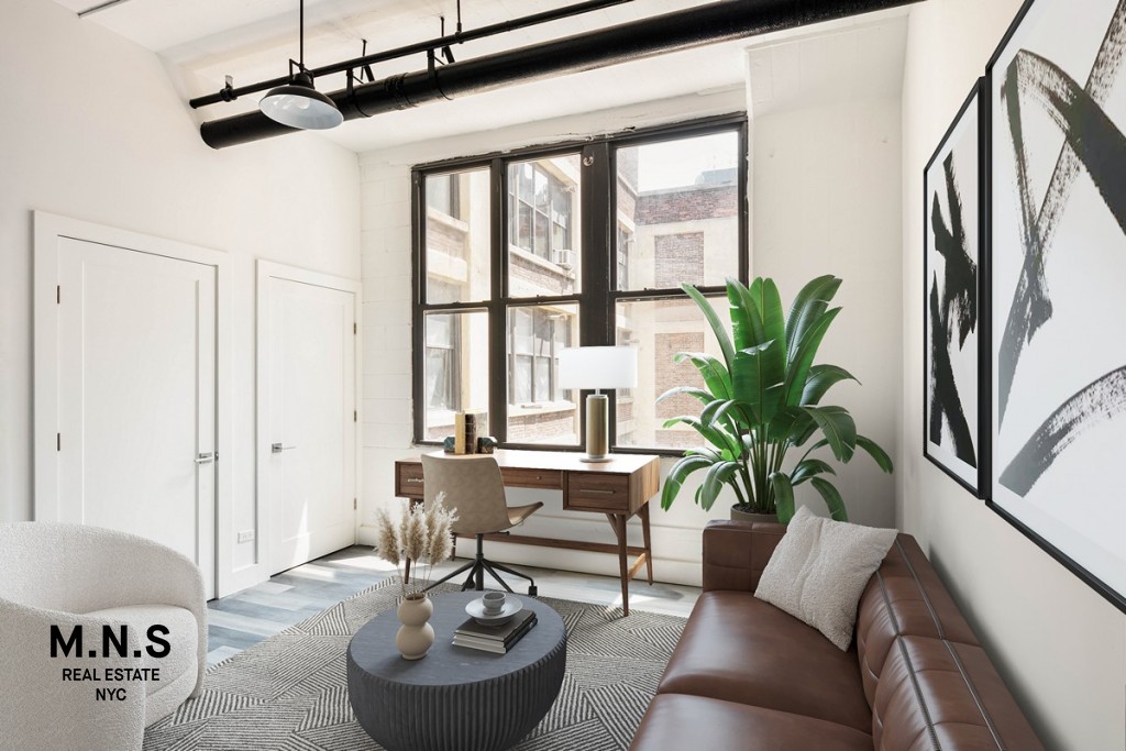 a living room with furniture and a potted plant