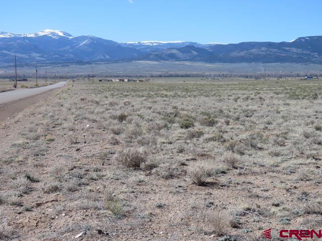 a view of a dry field with trees in the background