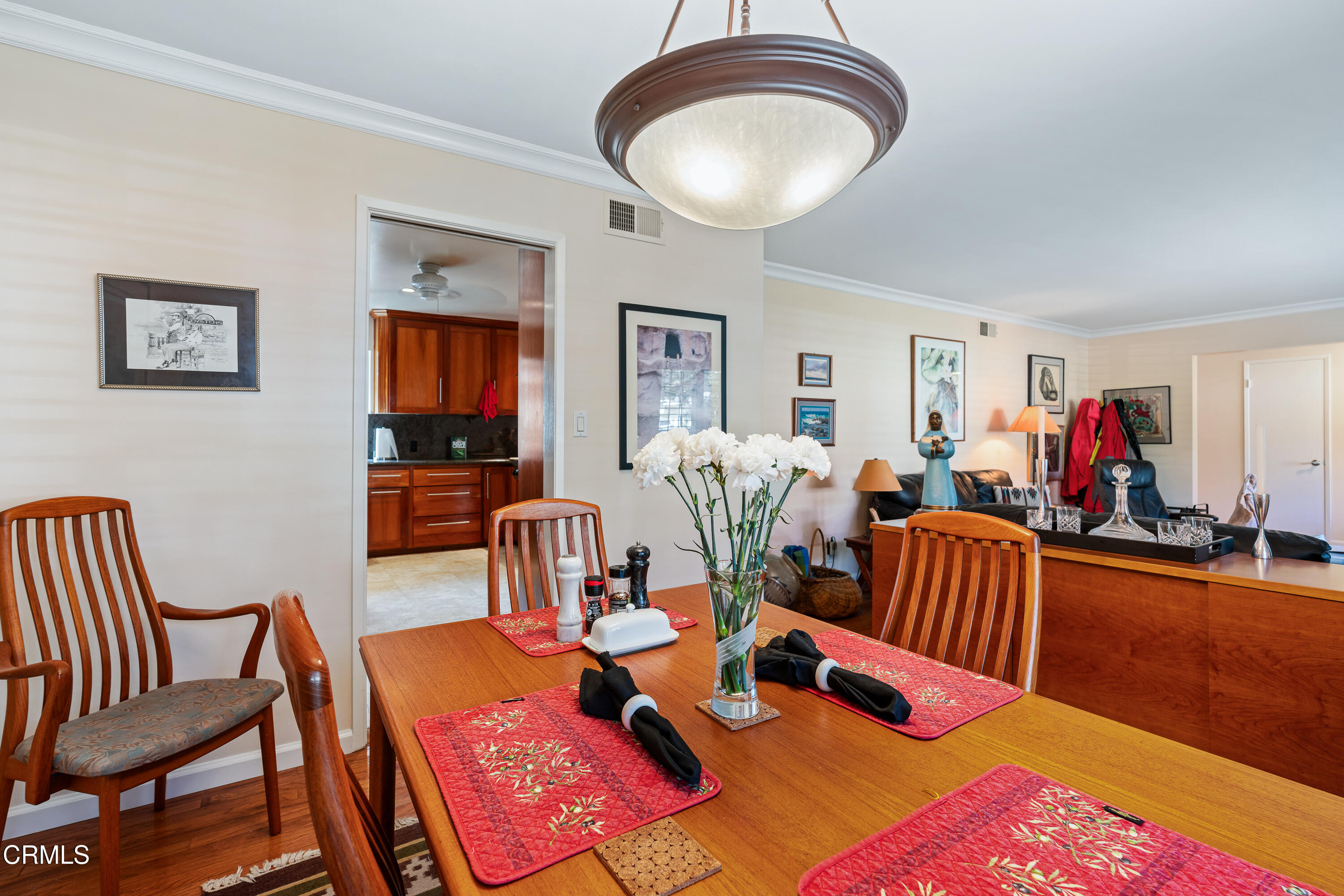 a view of a dining room with furniture