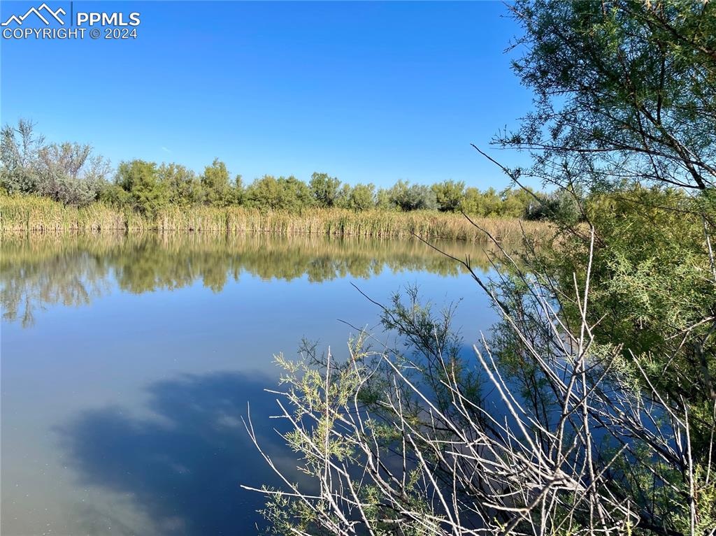 a view of a lake with a yard